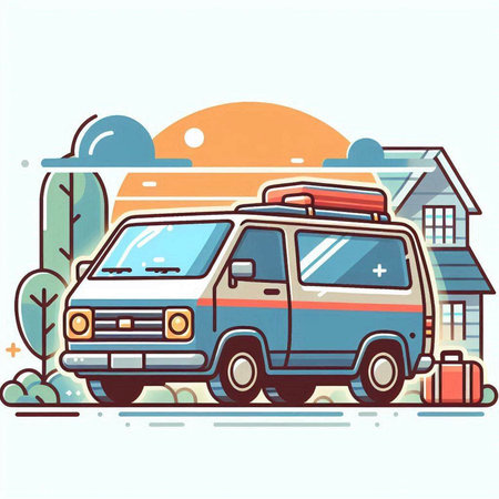 Vector illustration of a camper van with luggage on the background of the landscape.のイラスト素材