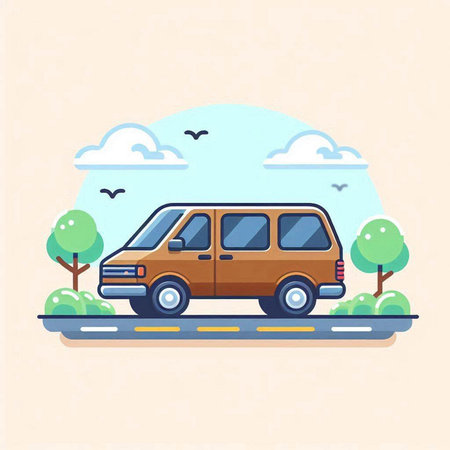 Retro van on the road. Vector illustration in flat style.のイラスト素材