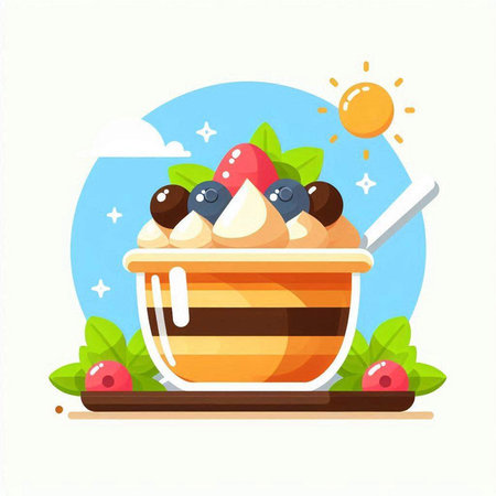Ice cream in a bowl with berries. Vector illustration in flat styleのイラスト素材