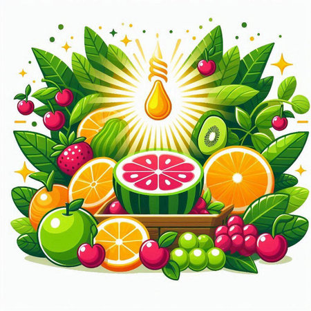 Vector illustration of fresh fruits and leaves on white background. Healthy food concept.のイラスト素材