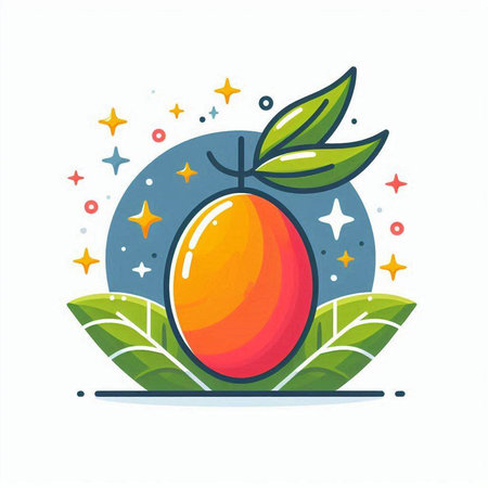 Mango fruit with leaves and stars on white background. Vector illustration.のイラスト素材