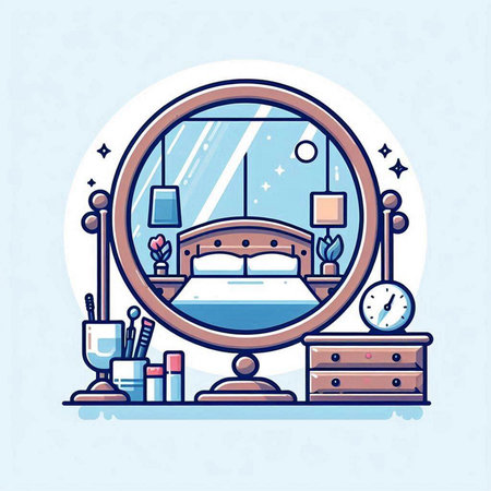 Vector illustration of bedroom with mirror, bedside table, lamp and nightstand.のイラスト素材