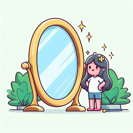 Cute little girl looking in a mirror. Vector cartoon illustration.のイラスト素材
