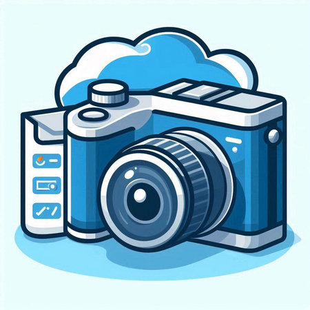 Vector illustration of a blue digital camera with a cloud on the screenのイラスト素材