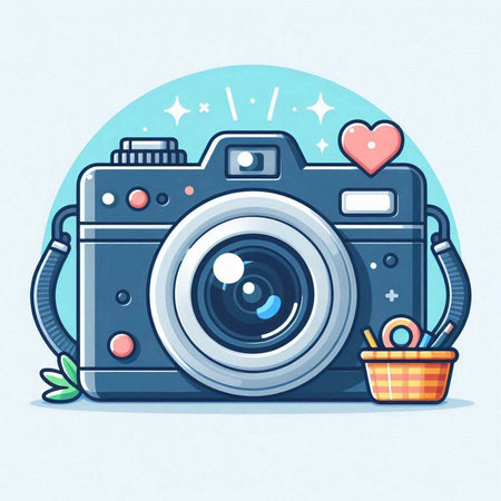 Vector illustration of a retro camera with a heart and a basket of flowersのイラスト素材