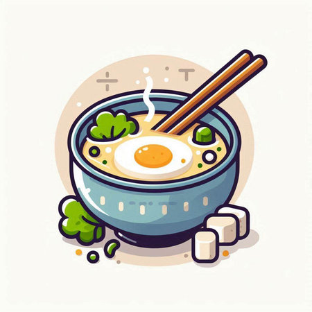 Japanese miso soup with egg in bowl and chopsticks. Vector illustration.のイラスト素材