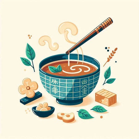 Japanese miso soup in bowl with chopsticks and ingredients, vector illustrationのイラスト素材