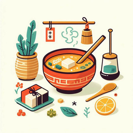 Japanese cuisine, miso soup in earthenware bowl. Vector illustration.のイラスト素材