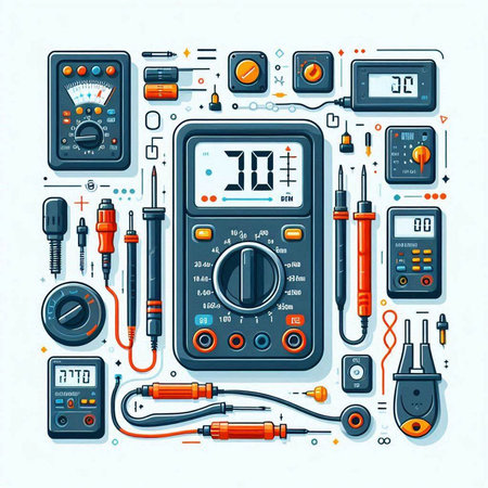 Electrical tools. Digital multimeter, soldering iron, tester, soldering iron, pliers, screwdriver. Vector illustrationのイラスト素材