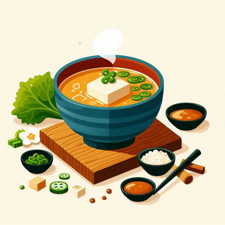 Japanese miso soup in a bowl with chopsticks. Vector illustration.のイラスト素材