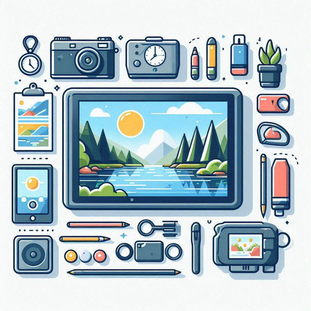 Flat line art vector illustration of a set of travel and vacation items.のイラスト素材