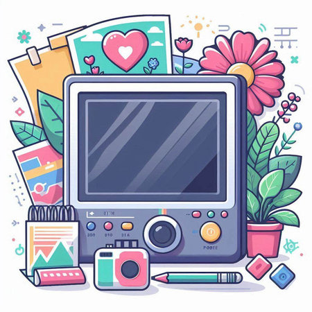 Flat line art design of digital camera. Vector graphic illustration.のイラスト素材