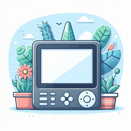 Vector illustration of a video game console on the background of plants.のイラスト素材