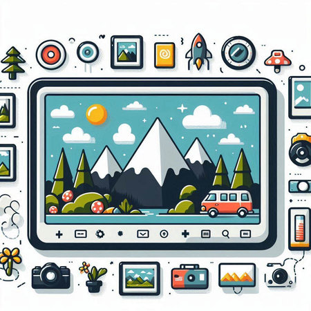 Vector illustration in flat style - travel, vacation and camping theme - video game interface with iconsのイラスト素材
