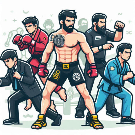 Karate fighters. Vector illustration of a group of karate fighters.のイラスト素材