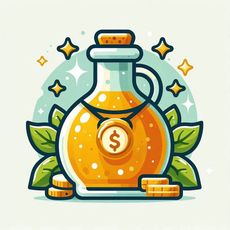 Vector illustration of a bottle of oil with dollar sign and coins.のイラスト素材