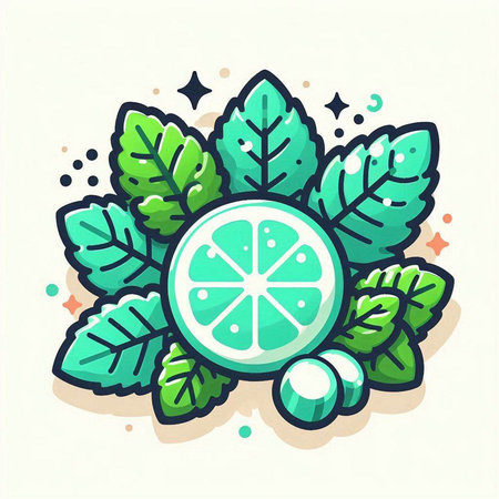 Lemon icon with mint leaves. Vector illustration in cartoon style.のイラスト素材