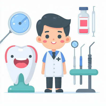 Cute little boy dentist character. Vector illustration in cartoon style.のイラスト素材