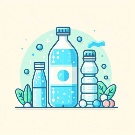 Bottle of water with bubbles and leaves. Vector flat illustration.のイラスト素材