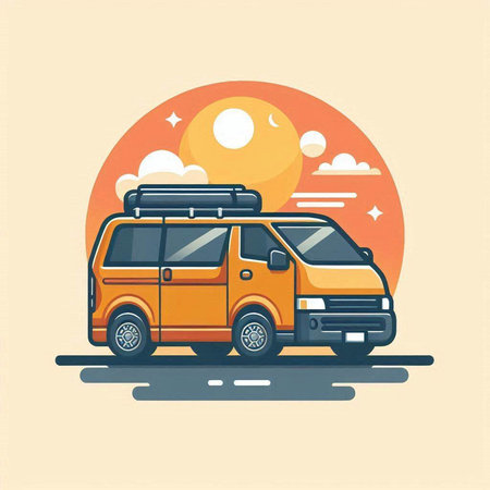 Vector illustration of a van with a luggage on the roof. Flat design.のイラスト素材
