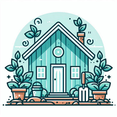 Vector illustration of house with plants in pots. Line art style.のイラスト素材