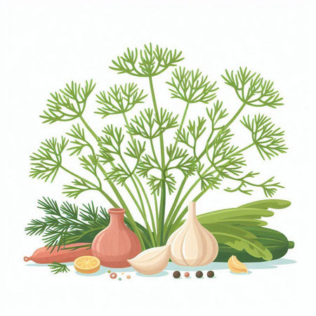 Dill, garlic, onion and parsley. Vector illustration.のイラスト素材