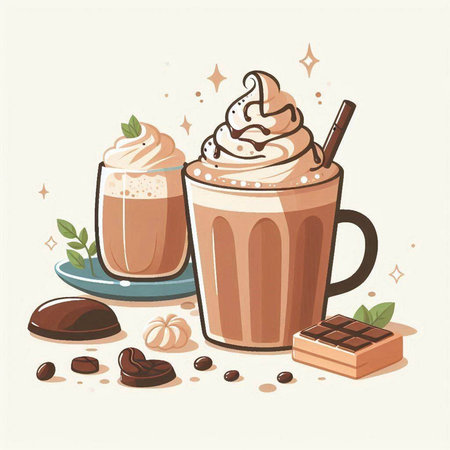 Coffee cups with whipped cream and chocolate. Vector illustration.のイラスト素材