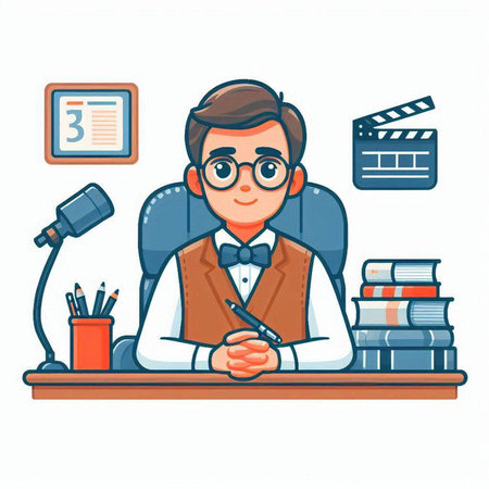Cinema director sitting at the table in the office. Vector illustration.のイラスト素材