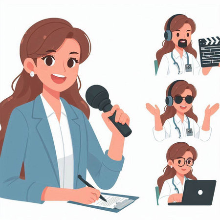 Vector illustration of a female doctor with a microphone in her hand.のイラスト素材
