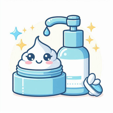 Cute cartoon face with moisturizing cream and lotion. Vector illustrationのイラスト素材