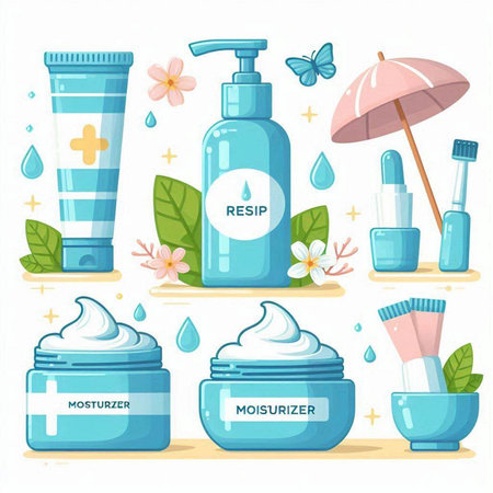 Set of cosmetic products and accessories. Vector illustration in cartoon style.のイラスト素材