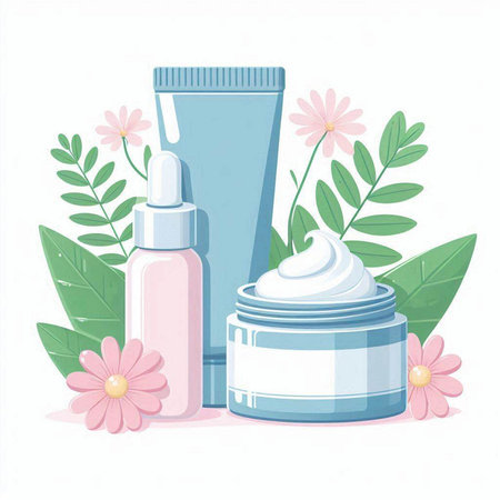 cosmetic cream bottles with flowers and leafs spa vector illustration designのイラスト素材