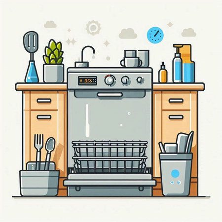 Kitchen interior. Furniture and utensils. Vector illustration.のイラスト素材