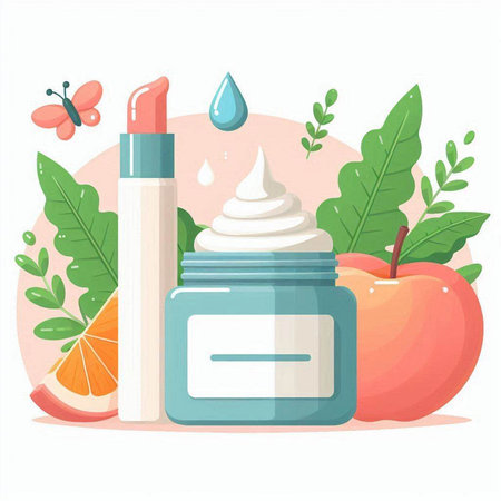 Cosmetic cream and natural ingredients. Vector illustration in cartoon style.のイラスト素材