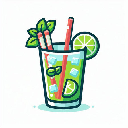 Cocktail with lime, mint and straws. Vector illustrationのイラスト素材