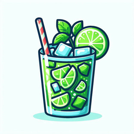 Mojito cocktail with lime, ice and straw. Vector illustration.のイラスト素材