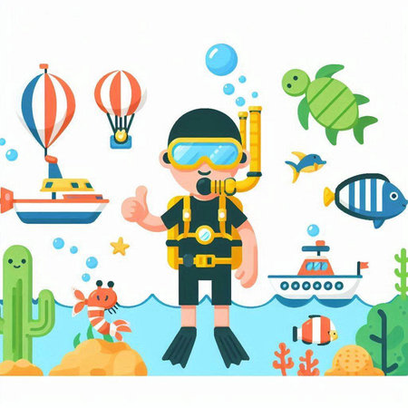 Scuba diving vector illustration. Cute cartoon diver with diving equipment.のイラスト素材