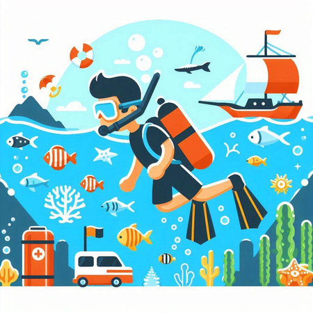 Scuba diving vector illustration. Cartoon scuba diver with mask and snorkel in sea.のイラスト素材