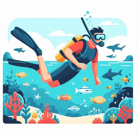 Scuba diving. Vector illustration of a diver on the seashore.のイラスト素材