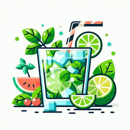 Cocktail with lime, watermelon and mint. Vector illustrationのイラスト素材