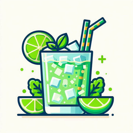 Cocktail with lime and mint. Vector illustration in flat styleのイラスト素材