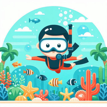 Cute cartoon scuba diver diving in the sea. Vector illustration.のイラスト素材