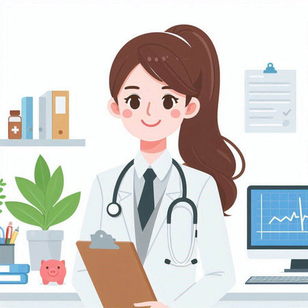 Illustration of a young female doctor in a white coat holding a clipboardのイラスト素材