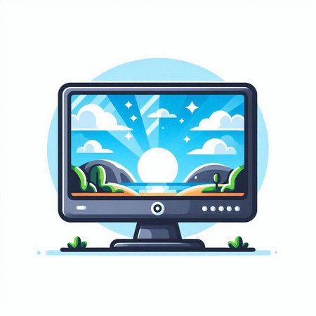 Computer monitor with sun and clouds. Flat vector illustration on white background.のイラスト素材