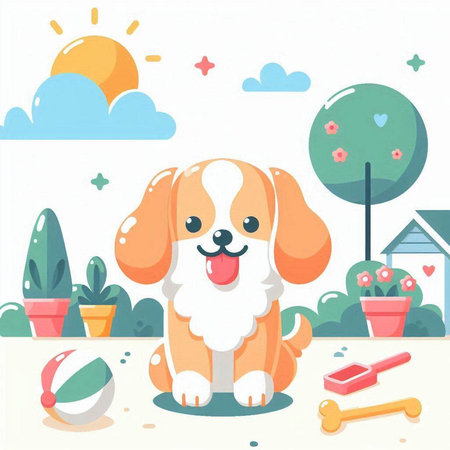 Cute cartoon dog sitting on the ground with toys. Vector illustration.のイラスト素材