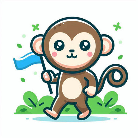 Cute monkey holding flag. Vector illustration in cartoon flat style.のイラスト素材