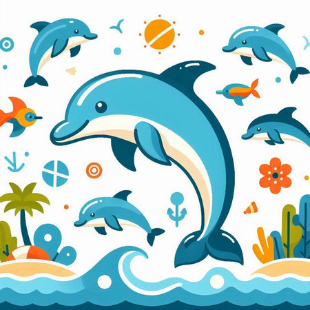 Seamless pattern with dolphins. Vector illustration in flat style.のイラスト素材