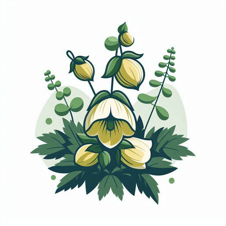 Illustration of a blooming hellebore with leaves on a white backgroundのイラスト素材