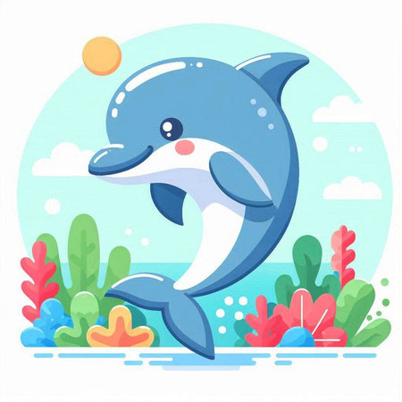 Cute dolphin in the sea. Vector illustration in cartoon style.のイラスト素材