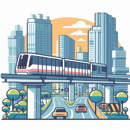 Train in the city. Vector illustration of a high-speed train.のイラスト素材